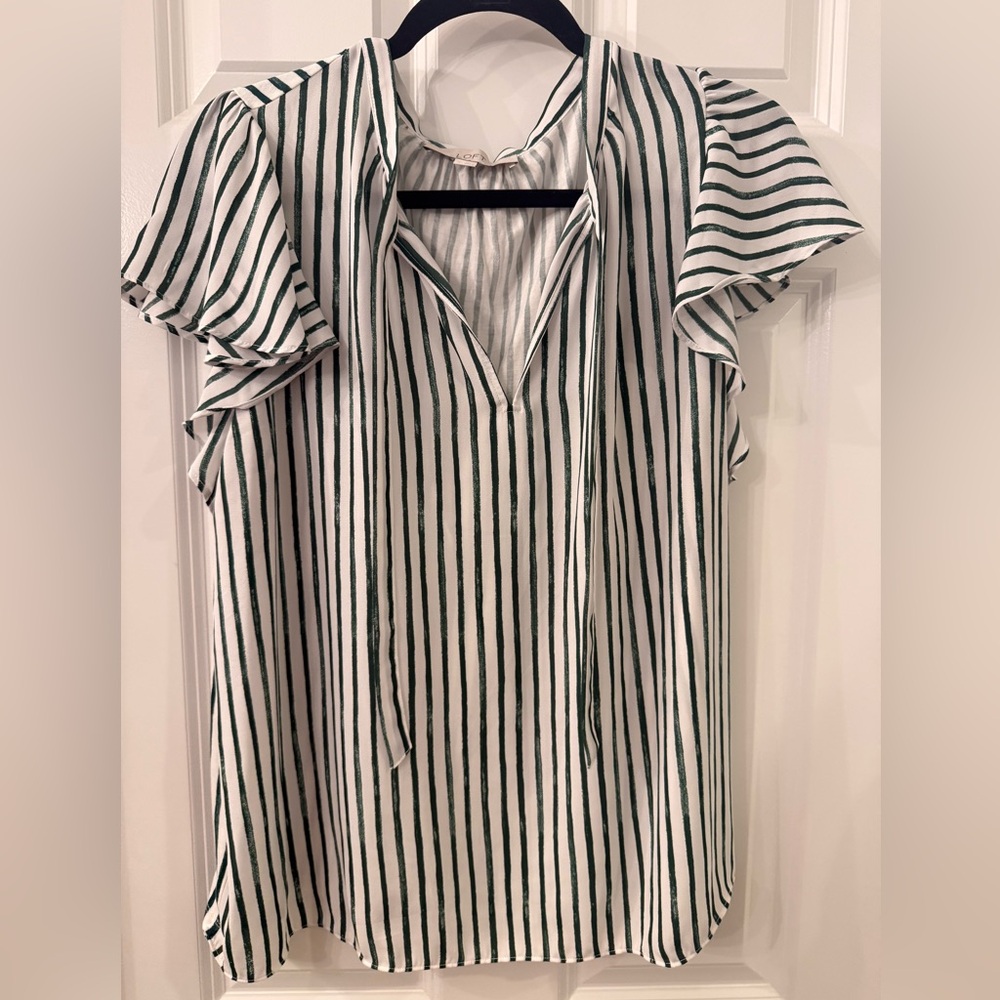 LOFT White and Green Striped V-Neck Flutter Sleeve Tunic